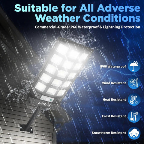 Two Pack Crazy Bright Solar Street Lights Outdoor 120000 Lumens Dusk To Dawn LED Security Street Light With Remote Control for weather resistance
