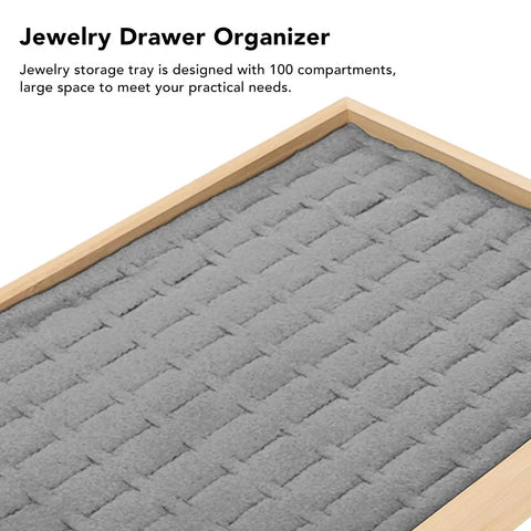 Two Piece Stackable Ring Trays Featuring Slick Grey Velvet Liners And Solid Wood Boards Offer One Hundred Perfect Grids in an organizer.