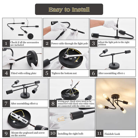 Installation guide for 4 Light Black Semi Flush Mount Sputnik Ceiling Light Fixture Dope Matte Metal Farmhouse Chandelier