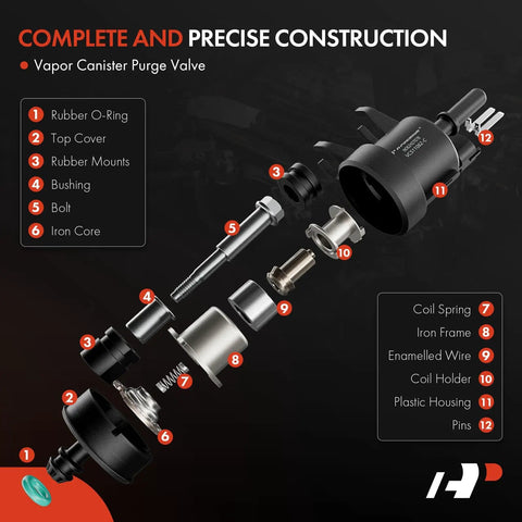 Exploded view of Vapor Canister Purge Solenoid Valve Replaces OE Unit for Chevy Buick GMC Cadillac Cars SUVs with labeled parts.