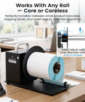 Hardcore Automatic Label Rewinder Machine Handles Coreless And Up To 1.1 Inch Cored Rolls on workspace with labels.