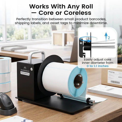 Hardcore Automatic Label Rewinder Machine Handles Coreless And Up To 1.1 Inch Cored Rolls on workspace with labels.