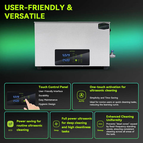 Mntnco 30L Ultrasonic Cleaner With Heating And Deep Clean Mode Touch Control for user-friendly operation and deep cleaning.