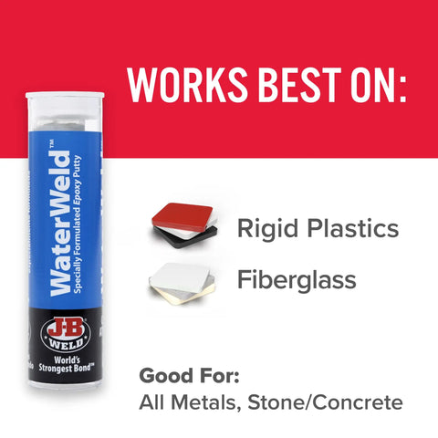 WaterWeld Epoxy Putty Stick 2 Oz Hand Mixable Two Part Underwater Repair Compound For Plumbing Leaks Tubs Drains Pools Boats And More NSF Certified No Mess Easy DIY Fix shown with materials it works best on, like rigid plastics and fiberglass.