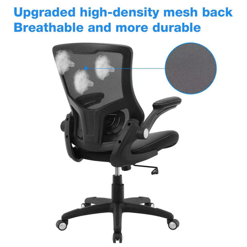 Rear view of All Day Comfort Ergonomic Office Chair with swivel mesh back, black PU leather seat, flip-up armrests and smooth casters.
