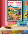 Framed art on the wall showcasing a colorful mountain and flower scene, part of Diamond Painting Kit For Adults Beginners Mountain Flower DIY Diamond Art Set With Tools Full Round Drill Diamonds 16x12 Inch Canvas No Sweat Easy Color Coding Stress Relief Home Decor Gift.