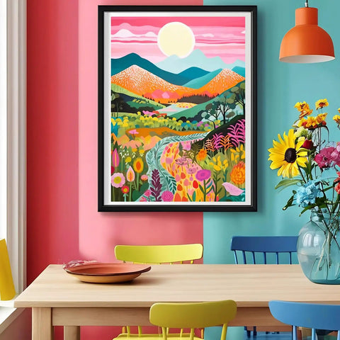 Framed art on the wall showcasing a colorful mountain and flower scene, part of Diamond Painting Kit For Adults Beginners Mountain Flower DIY Diamond Art Set With Tools Full Round Drill Diamonds 16x12 Inch Canvas No Sweat Easy Color Coding Stress Relief Home Decor Gift.