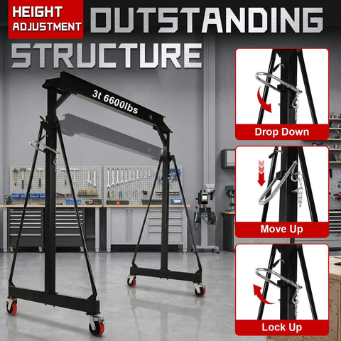 Ridiculously Strong 3 Ton Gantry Crane, Portable Shop Hoist with Wheels, Adjustable Height 8.5 to 12.5 Ft in garage setting.