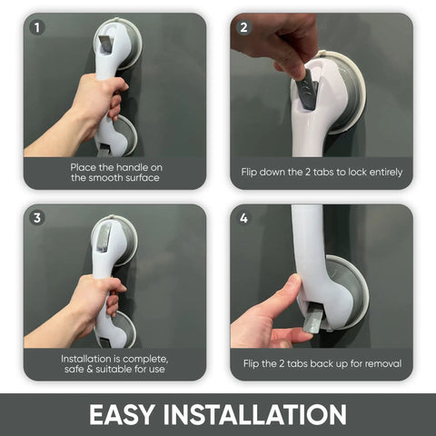 4-step installation guide for No Slip Suction Grab Bars For Bathtubs And Showers, Elderly Safe Bathroom Accessories, Wall Mounted Support