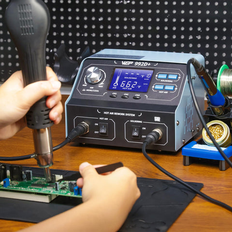Pro Grade All In One 2 In 1 Soldering Iron Kit And Hot Air Rework Station With LCD Display used on electronics