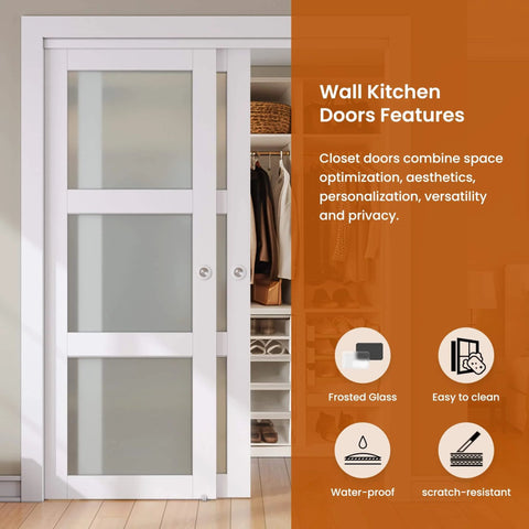 Double Frosted Glass Sliding Barn Door Kit For Closets, 72 by 80 inches, installed showing 3-panel privacy glass and hardware