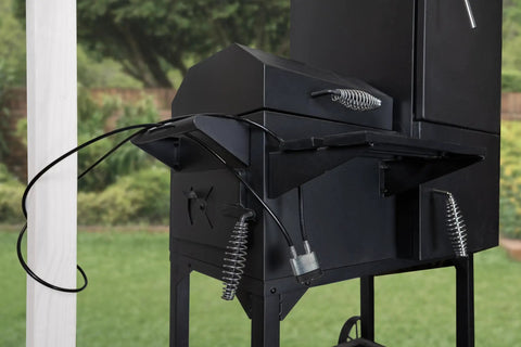 Heavy Duty Padlock With 8 Foot Steel Cable For Outdoor Security attached to a black grill, emphasizing weather-resistant security use.