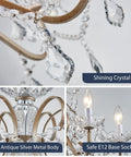 Close-up of Rustic Black Iron Pendant Chandelier with crystal accents, showcasing crystal details and E12 base sockets.