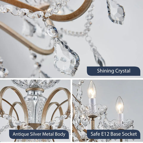 Close-up of Chic Modern Chrome Crystal Pendant Chandelier with sparkling diamond orbs and antique silver body.
