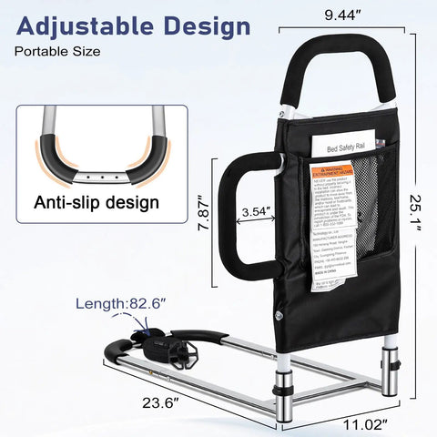 Granny Friendly Bed Rail With 2 Grab Bars And Storage Pocket, adjustable design with anti-slip feature, dimensions 23.6 x 11.02 inches