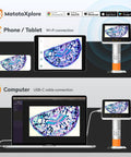 Kid-Friendly Handheld Microscope 100-1600X Portable Digital Magnifier shown with phone, tablet, and laptop USB-C/Wi-Fi connection