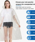 Model wearing clear Disposable Rain Ponchos For Adults Clear And Blue 10 Pack With Hood Waterproof Lightweight Tear Resistant