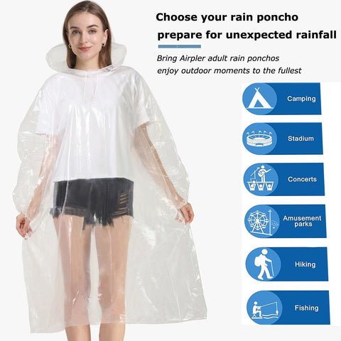 Model wearing clear Disposable Rain Ponchos For Adults Clear And Blue 10 Pack With Hood Waterproof Lightweight Tear Resistant