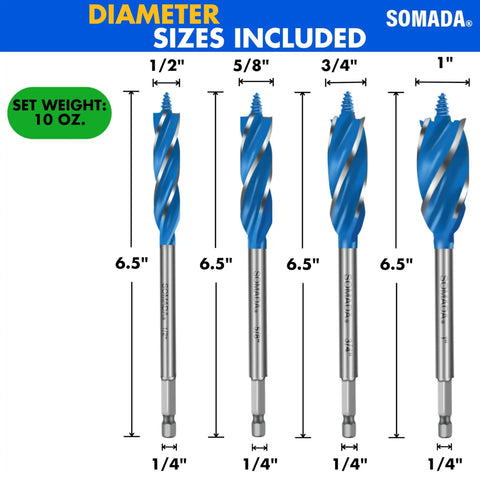 Woodworking Auger Drill Bit Set For Wood 4 Piece Includes 1/2 Inch 5/8 Inch 3/4 Inch And 1 Inch Sizes 6 Inch Long Quick Change Hex Shank