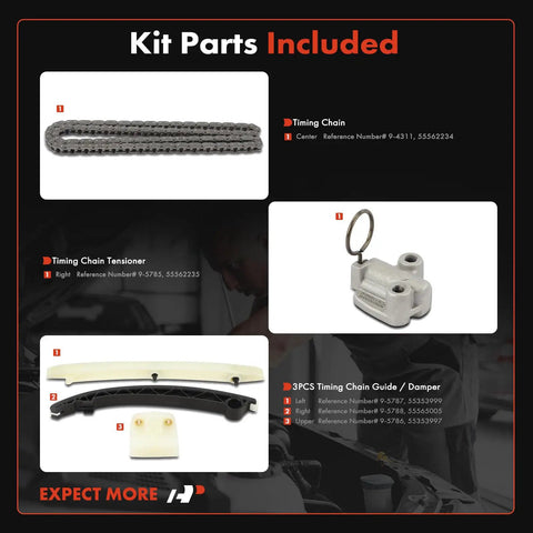 5 Piece Engine Timing Chain Kit With Tensioner And Guide For Chevrolet Cruze Sonic Trax Volt Encore ELR Buick Encore And Cadillac Models 1.4L 1.6L L4 Engines showing parts included.