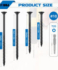 Pro Grade Heavy Duty Star Drive Deck Screws 10 By 3 Inch Black, 62 Piece Built Tough showing various sizes for outdoor use.