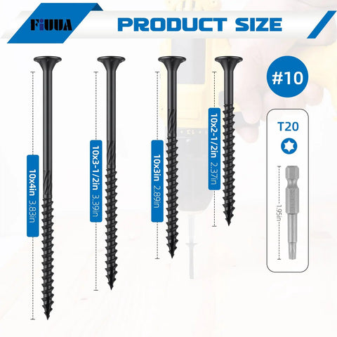 Pro Grade Heavy Duty Star Drive Deck Screws 10 By 3 Inch Black, 62 Piece Built Tough showing various sizes for outdoor use.