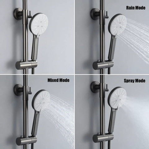 UBNMIUBV Shower System, 4 Functions Classic Shower Mixer Set, showing Rain, Mixed, and Spray modes on hand shower.
