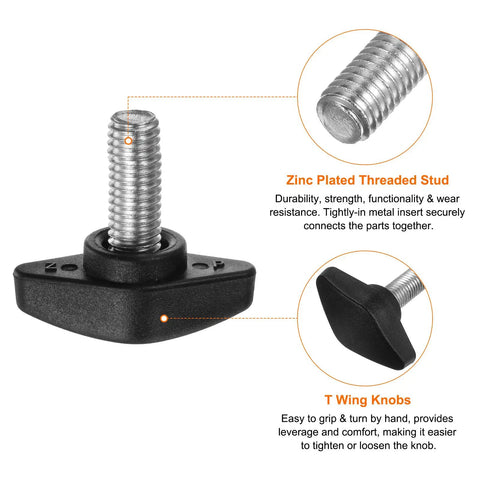 Close-up of 4 Pack Black Tee Wing Knobs M8x16mm Thumb Screws With Standard Male Thread, showcasing plastic T handle.