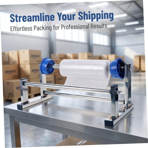 Manual Stretch Film Tool With Cutter And Adjustable Hand Operated Wrap Dispenser Stand For Easy Warehouse Wrapping Of Regular Supplies And Cargo Packaging Film In Lightweight Metal Plastic Construction on table