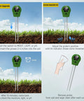4 In 1 Soil Moisture Meter For Plants, Moisture Light pH And Nutrient Tester Soil Test Kit; probe use instructions with illustrations.