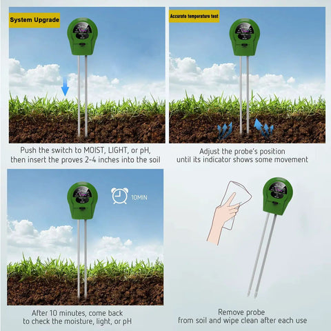 4 In 1 Soil Moisture Meter For Plants, Moisture Light pH And Nutrient Tester Soil Test Kit; probe use instructions with illustrations.