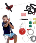 Child using 160Ft Backyard Zipline Kit for Kids Outdoor Playset with Stainless Steel Spring Brake, Seat, Trolley, Gloves, Tree Mats