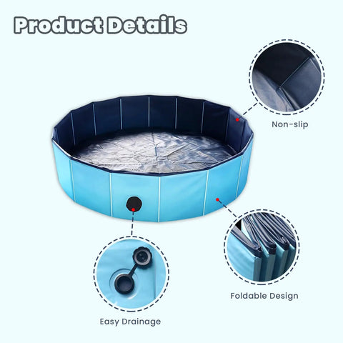 Foldable Dog Pool For No Fuss Setup And Quick Drain, Portable Heavy Duty Pet Bath Tub For Small Dogs And Cats shown with features