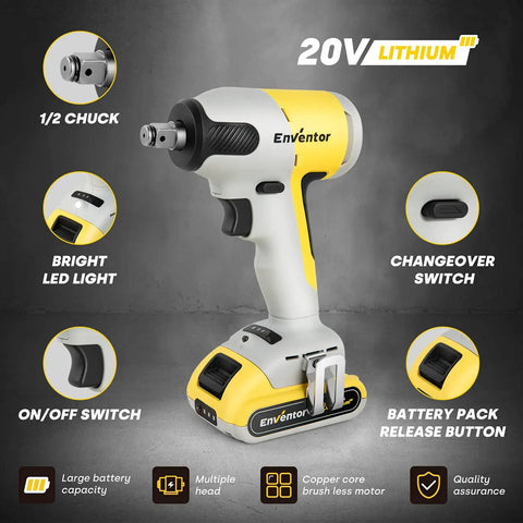 Cordless Brushless Impact Wrench Half Inch Drive With 300 Nm Max Torque 3000 IPM Two Speed 20V Battery Tool Features