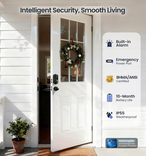 Top Shelf Keyless Entry Smart Door Lock With Lightning Quick Fingerprint Scanning And Smooth App Pairing Featuring Custom Auto Lock Timing Plus Heavy Duty Matte Black Knob Set For Bulletproof Front Door Protection