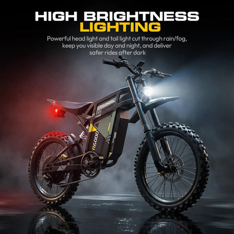 Powerful 7000W Peak Electric Dirt Bike For Adults With 60V 30Ah Battery, front view with high brightness lighting in focus