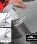 Beefy Cordless Metal Shears With 20V 2x2000mAh Batteries demonstrating straight and curve cuts on metal sheet with 90 Nm torque