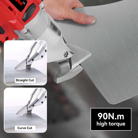 Beefy Cordless Metal Shears With 20V 2x2000mAh Batteries demonstrating straight and curve cuts on metal sheet with 90 Nm torque