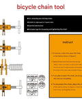 Diagram showing usage instructions for All In One Bicycle Chain Breaker Kit For MTB And Road Bikes Universal 1-12 Speed Chain Tool with visuals.