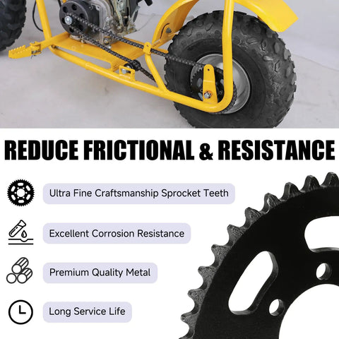 35 Chain Sprocket 40 Tooth Fits Baja DB30 Coleman CT100U; mini bike with yellow frame and sprocket details highlighting craftsmanship and durability.