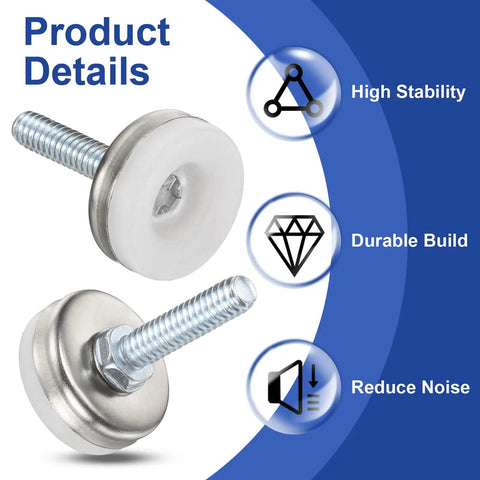 Eight Pack Adjustable Furniture Levelers With Quarter Inch Twenty Thread For Tables And Chairs No Fuss 38.5mm Total Length 25mm Screw 26mm Base Diameter Smooth Glide Silver Feet For Stable Leveling, highlighting durable build and noise reduction features.