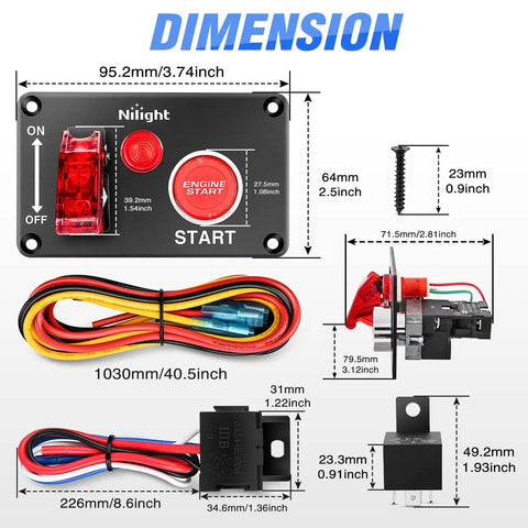 Dimensions of 12V 2 In 1 Ignition Switch Panel With Rocker And Engine Start Button Toggle Switches Relay Harness And LED Indicator