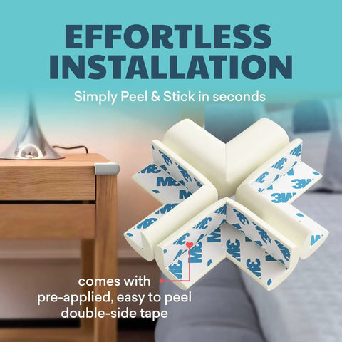 PreTaped Soft Foam Corner Protectors For Baby Safety, Off White, showing easy peel and stick 3M tape for tables and cabinets