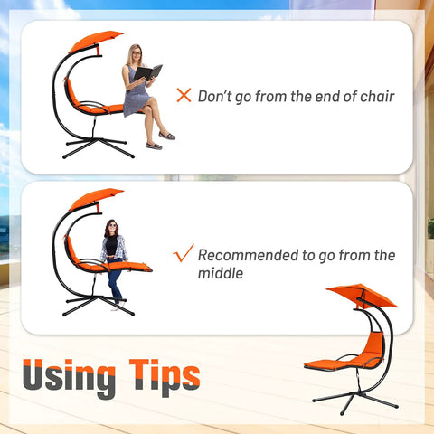 Image showing usage tips for the Outdoor Hanging Chaise Lounge Chair for Patio with Removable Canopy Cushions and Anti Toppling Rope Arc Hammock.