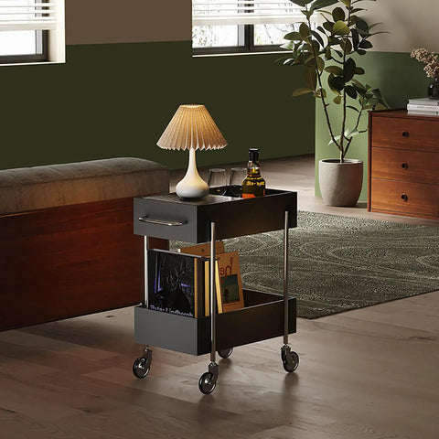 Ride Smooth Black Two Tier Mobile Bar Cart With Secure Roller Wheels Home Serving Stand Kitchen Drink Station Glass Top Steel Rack Casual Flex Storage beside a sofa.