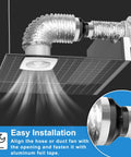 Front view of square ceiling vent connected to flexible galvanized steel duct and black duct reducer for inline fan ventilation