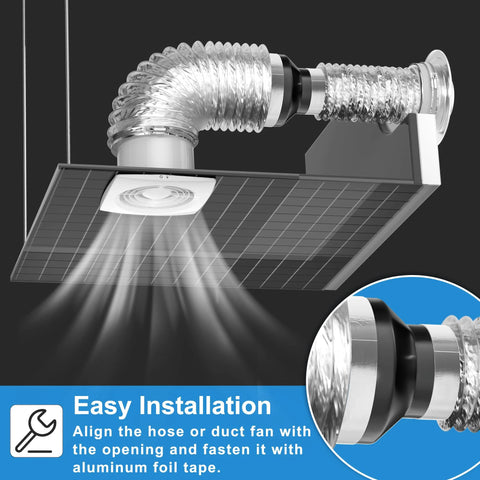 Front view of square ceiling vent connected to flexible galvanized steel duct and black duct reducer for inline fan ventilation