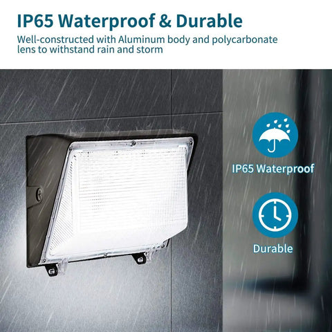 2-Pack 150W LED Wall Pack Light With Photocell, IP65 waterproof exterior, mounted on wall in rain, polycarbonate lens visible
