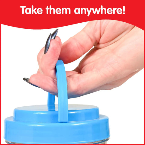 Hand holding the blue lid handle of the Slick Transport Counters Mini Jar Set Of 36 Durable Plastic Math Manipulatives With Tweezers.