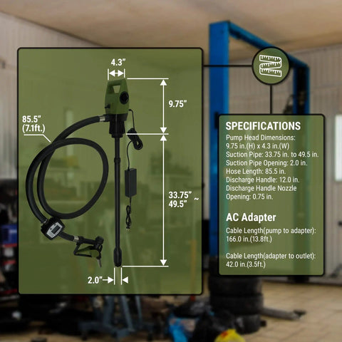 Smooth Operator Electric Drum Pump For Standard Fifty Five Gallon Drums With Precise Flow Meter And Flexible Telescopic Tube Quick Clean Fluid Dump Gear Real Tradesmen Always Swear By, showing dimensions and specifications.